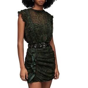 Allsaints Hali Tamora Snake Print Mini Dress Khaki Green Sz 6 NWT Ruffles Lined